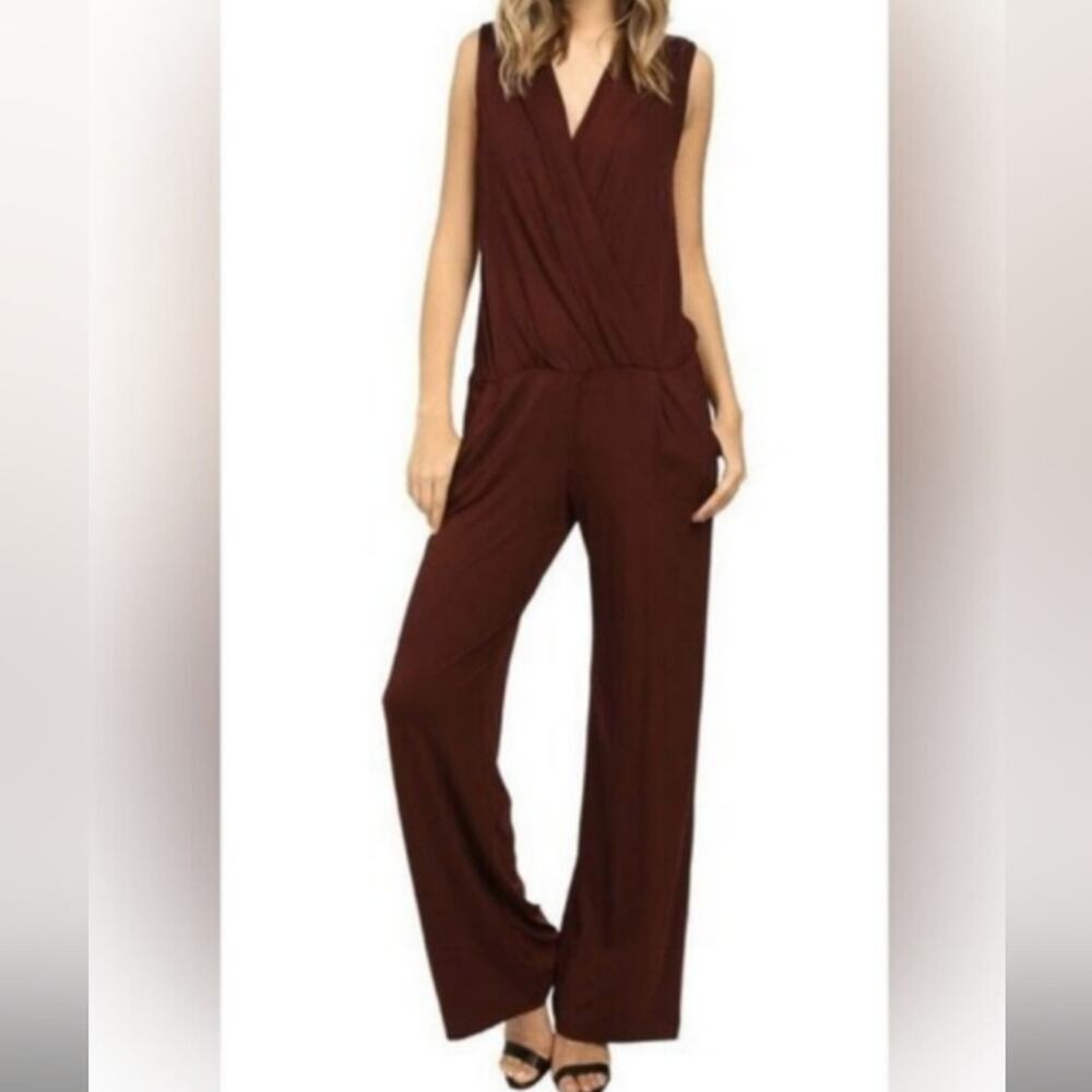 Trina Turk Maroon Wine Sleeveless Pocketed Wide Leg Jumpsuit Jumper Pantsuit S